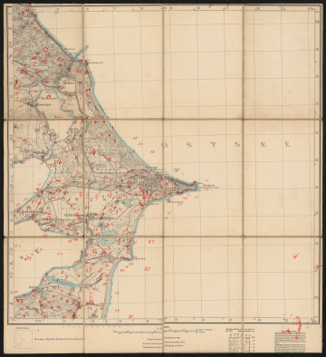 drukowana mapa 376 Middelhagen I - Ujęcie z przodu; Mapę 376 Middelhagen I opracowano w 1885, a skorygowano i wydano w 1825 roku. Obejmuje obszar w pobliżu miejscowości Middelhagen, Kreis Rügen, Reg. Bez. Stralsund, Prov. Pommern, dziś Kreis Vorpommern-Rügen, Bundesland Mecklenburg-Vorpommern, Niemcy. Jest jedynym zachowanym egzemplarzem arkusza przedwojennej mapy topograficznej oznaczonego godłem 376, zawierającym dane o lokalizacji obiektów i ich nazw w zasobie archiwalnym Flurnamen Sammlung. Na drukowanej mapie ręcznie naniesiono warstwę z numeracją obiektów fizjograficznych odnoszących się do miejscowości: Sellin, Baabe, Moritzdorf, Alt Reedevitz, Middelhagen, Philippshagen, Mönchgut, Göhren, Gager, Lobbe.