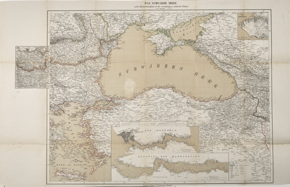 Mapa, papierowa składana. U góry napis: Das Schwarze Meer. Na mapie oprócz centralnie przedstawionego Morza Czarnego widoczne mniejsze mapy topograficzne.