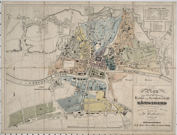 Mapa składana, papierowa, kolorowa. Plan Królewca w języku niemieckim. W prawym dolnym rogu dekoracyjna nazwa mapy: Plan der königl. Preuss. Haupt und Residenzstadt Königsberg