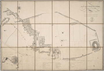 Stara mapa w języku francuskim przedstawiająca plan ruin w Pompejach. Mapa rozłożona z widocznymi 18 polami. U dołu legenda. W prawym górnym rogu ozdobna nazwa mapy i exlibris biblioteki Potockich