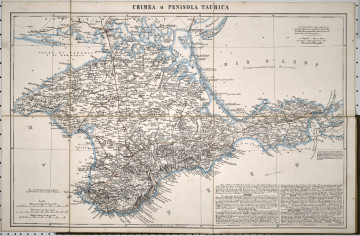 Mapa Krymu. Mapaz widocznymi miejscami składania. U góry napis: CRIMEA O PENISOLA TAURICA.