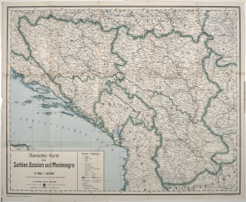 K.I-20 Mapa papierowa, składana, kolorowa. W lewym dolnym rogu legenda i napis: Übersichts – Karte Serbien, Bosnien und Montenegro