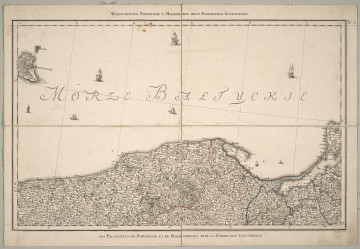 Mapa z widocznym dużym napisem Morze Bałtyckie. U góry napis: Wojewodztwa Pomorskie y Małborskie oraz Pomerania Elektorska. U dołu mapy ten sam napis w języku francuskim. W prawym górnym rogu widoczny numer 5, oznaczający numer mapy w komplecie.