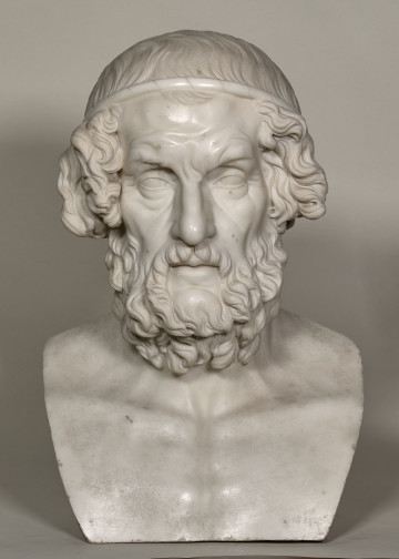 Homer. Popiersie marmurowe. Homer przedstawiony jest jako stary mężczyzna, z wychyloną do przodu głową, łysy, z zapadniętymi policzkami i ze zmarszczkami.