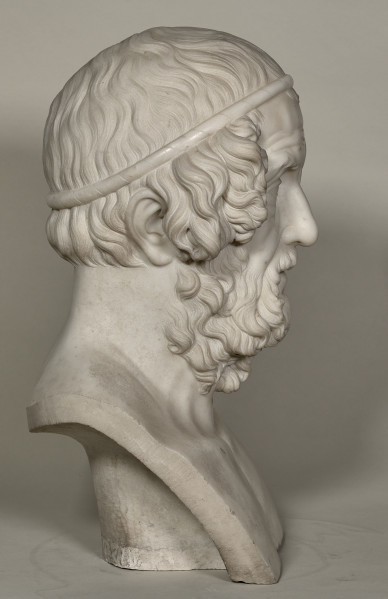 Homer. Popiersie marmurowe. Homer przedstawiony jest jako stary mężczyzna, z wychyloną do przodu głową, łysy, z zapadniętymi policzkami i ze zmarszczkami. Bok prawy