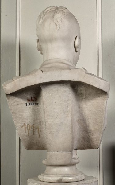 Franciszek Salezy Potocki. Popiersie marmurowe przedstawia starszego mężczyznę z wygoloną głową, z kilkoma tylko puklami na jej czubku. Tył