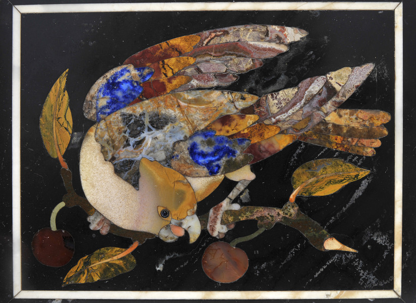 prawa tafelka z czarnego marmuru z intarsją z różnobarwnych marmurów, przedstawiającą papugę na gałęzi