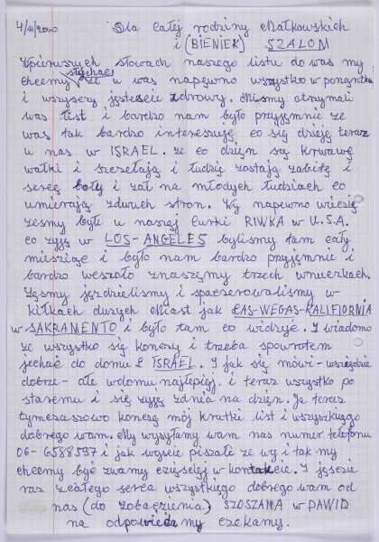 Ujęcie z góry, recto, kartka w kratkę, z marginesem po prawej stronie, zapisana pismem odręcznym