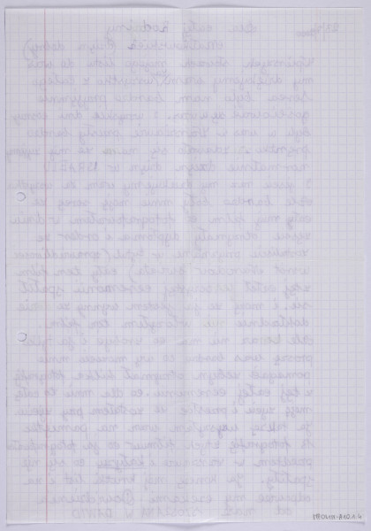 Ujęcie z góry, verso, kartka w kratkę, z marginesem po prawej stronie kartki, zapisana pismem odręcznym