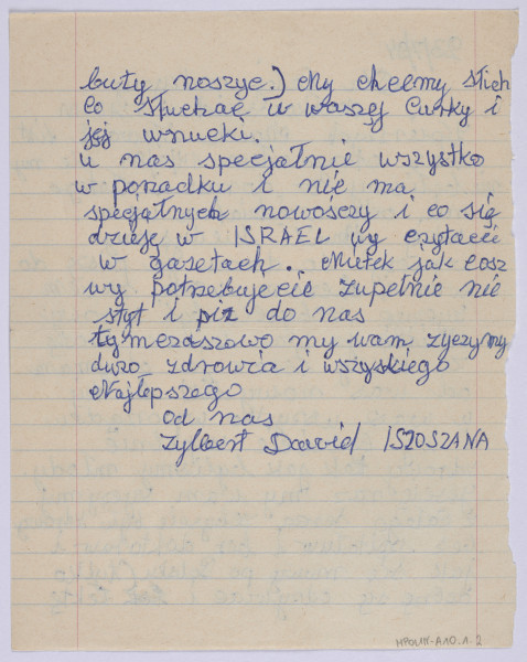 Ujęcie z góry, verso, kartka w linię z marginesem po prawej i lewej stronie kartki, zapisana pismem odręcznym.