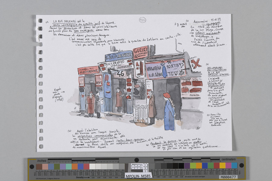 Ujęcie lica. Rysunek przedstawiający fasady budynku lub budynków z szyldami łączony z zapisanym po francusku tekstem (czarny tusz). Teksty okalają przedstawienie z wszystkich stron.