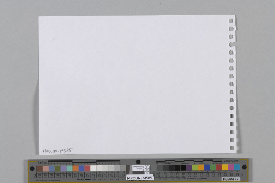 Ujęcie odwrocia. Rysunek przedstawiający fasady budynku lub budynków z szyldami łączony z zapisanym po francusku tekstem (czarny tusz). Teksty okalają przedstawienie z wszystkich stron.