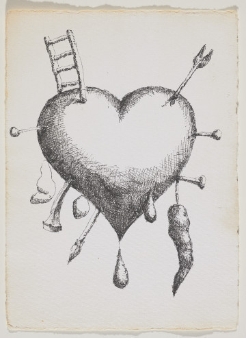 Ujęcie lica. Rysunek przedstawiający wbite w serce przedmioty: od góry, z lewej strony: strzała, niżej gwóźdź z okrągłą główką, gwóźdź z płaską główką, do którego przywiązano warzywo.