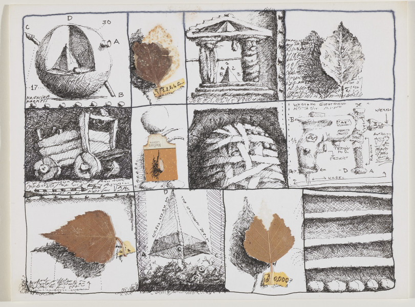 Ujęcie lica. Rysunek przedstawiający zestawione obok siebie, w pasowym, poziomym układzie karty wizerunki kuli, liści, bramy, machin wojennych, wiertarki. W przedstawienia wpisane cyfry, litery, teksty.