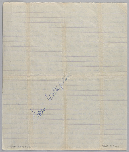 Ujęcie z góry, verso, kartka w linię, zapisana pismem odręcznym