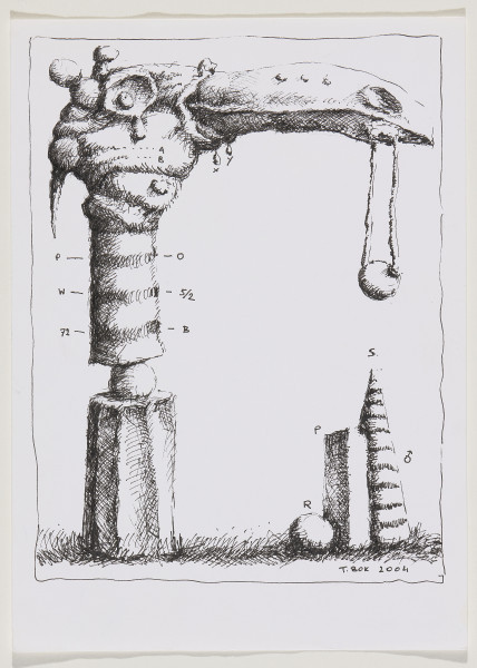 Ujęcie lica. Rysunek przedstawiający narysowaną głowę - machinę wojenną. Ujęta z lewego profilu stoi na ośmiościennym postumencie i kuli. Długa szyja z zanaczonymi pierścieniami.