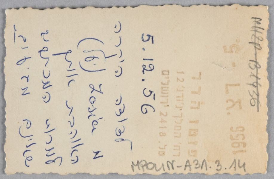 Ujęcie z góry, rewers, odwrocie fotografii z nadrukiem  i zapisane pismem odręcznym, krawędzie ząbkowane