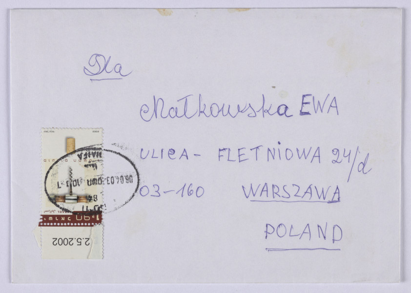 Ujęcie z góry, recto, koperta, zapisana pismem odręcznym