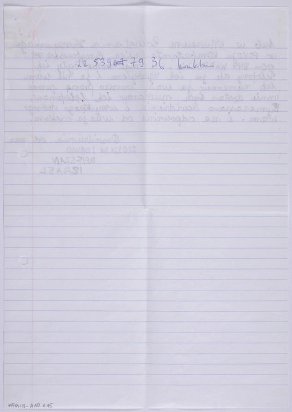 Ujęcie z góry, verso, kartka w linię, zapisana pismem odręcznym