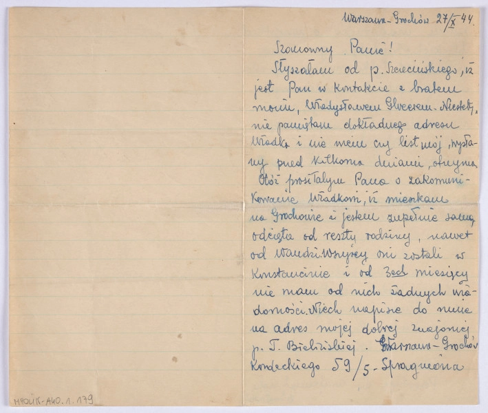 ujęcie awersu. List 2-kartowy, bifolium. Zapisane są swie pierwsze strony. Papier w linie.