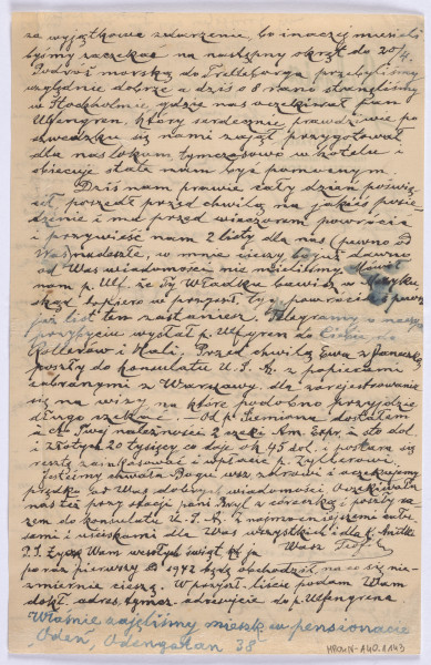 Ujęcie rewersu. List 1-kartowy. Wszystkie strony zapisane. Papier tzw. czysty.