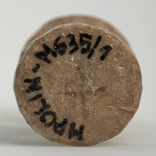 Ujęcie na spód obiektu. Widoczna okrągła podstawa pionka szachowego. Ponieważ był on rzeźbiony ręcznie krawędź nie jest idealnie równa. Pośrodku widoczny czarny 