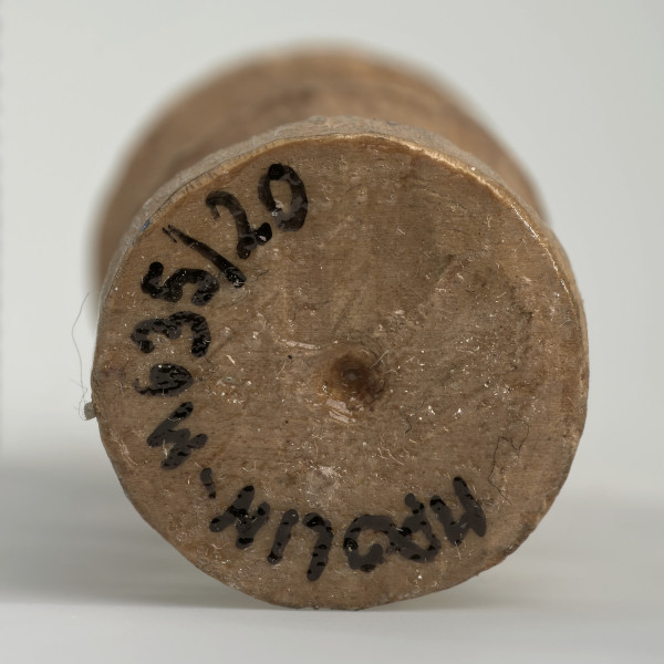 Ujęcie na spód obiektu. Okrągła podstawa wieży szachowej. Ponieważ był on rzeźbiony ręcznie krawędź nie jest idealnie równa. Pośrodku widoczna wydrążona dziurka. Wzdłuż krawędzi widać czarny numer inwentarzowy MPOLIN-M635/20.