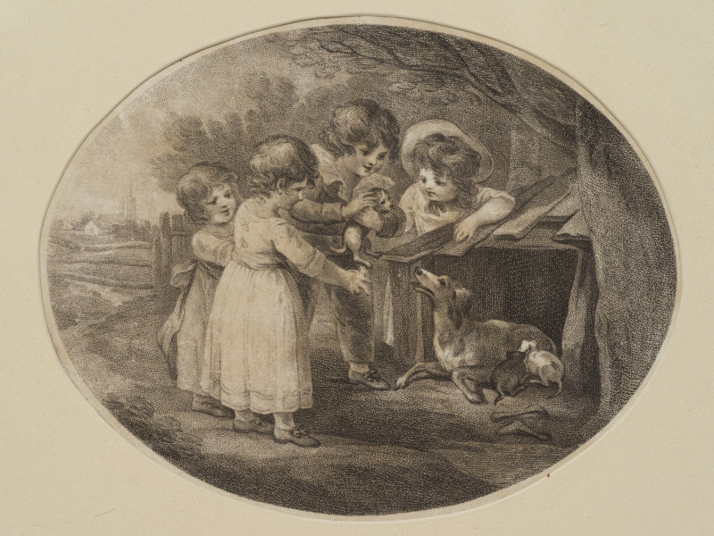 zbliżenie na dekorację blatu: miedzioryt przedstawiajcy scenkę rodzajową w wiejskim pejzażu