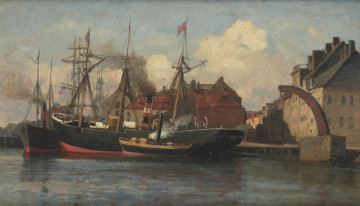 obraz - Ujęcie z przodu; Fragment nabrzeża portowego z przycumowanym statkiem żaglowo-parowym. Obok niewielki parowiec, z lewej dziób dwumasztowca. Z prawej strony dźwig, za którym widać zwartą zabudowę budynków ulicy wychodzącej na nabrzeże.