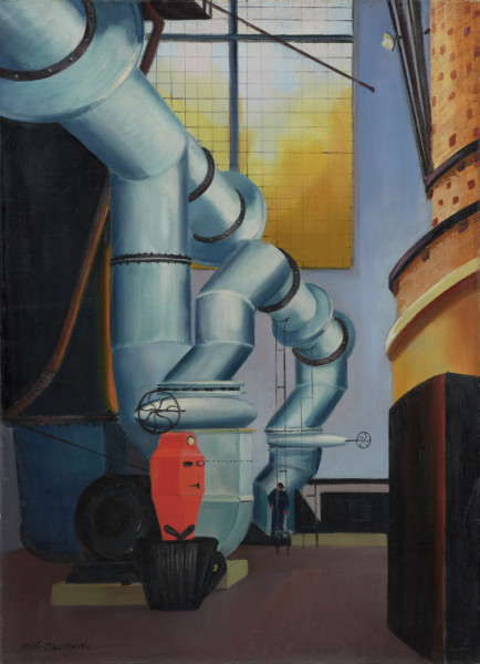 sceneria - ujęcie z przodu; Kompozycja przedstawia wnętrze zakładu przemysłowego. Ośrodkiem jest układ potężnych rur z wyraźnie zaznaczonymi pasami łączenia. Po lewej ciemnieje widoczny w części element wyposażenia, również przy prawej bocznej krawędzi widać fragment pieca wyłożonego w górnej części ceramicznymi kaflami. Na wprost wnętrze zamyka ściana. Wysoko umieszczone duże okno. W głębi pomieszczenia widoczna postać robotnika. Koloryt obrazu: rury i ściana szaro-niebieskie, za oknem żółta chmura, u dołu pod rurami czerwono malowana część maszyny.