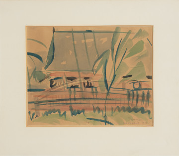 pejzaż - ujęcie z przodu na kremowym tle; Widok chaty góralskiej w najbliższym otoczeniu naturalnym. Malowany jednolitymi plamami i szerokimi pociągnięciami pędzla prowadzonego swobodnie i dynamicznie. Artysta szkicuje jedynie schematy przedmiotów, przestrzeń zaznaczona przeciwstawieniem złamanej czerwieni środkowego pasa kompozycji szarości jej górnej partii.