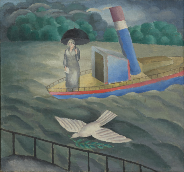 scena rodzajowa - ujęcie z przodu; Obraz przedstawia stateczek płynący po rytmicznie falującej wodzie. Punkt widzenia z wysoka przybliża optycznie przeciwległy brzeg zieleniejący kulistymi krzewami na dwóch wzniesieniach. Na przedplanie rysunek czarnej barierki biegnący ukośnie od lewego narożnika. Nad barierką leci biały gołąb z zieloną gałązką w dziobie. Na rufie stateczku stoi kobieta w szarej, długiej sukni. W prawym ręku trzyma biały papier (list?), w lewym podtrzymuje rozpięty nad głową czarny parasol. Na obrazie dominują tony chłodnych szarości (woda, niebo), zieleni (krzewów), z którymi kontrastuje niebieskość , czerwień burty, nadbudówki i komina stateczku i przełamana żółć pokładu.