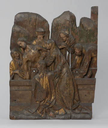 sztuka sakralna, płaskorzeźba, kwatera ołtarza - Ujęcie z przodu; Płaskorzeźba przedstawiająca scenę złożenia ciała Chrystusa do grobu. Kwatera prawego skrzydła późnogotyckiego ołtarza pasyjnego z Wkryujścia (Ueckermünde).