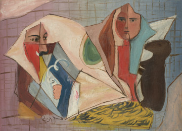 kompozycja abstrakcyjna - ujęcie z przodu; Jednoplanowa kompozycja składająca się z płaskich plam barwnych, okonturowanych czarną linią. Wśród tych plam widoczne dwie twarze: z prawej kobiety, z lewej mężczyzny. W tle, po lewej stronie fiolet przechodzący w błękit po prawej, podzielone liniami poziomymi i pionowymi. Koloryt: błękity, lile, żółcie, czerwienie, zieleń.