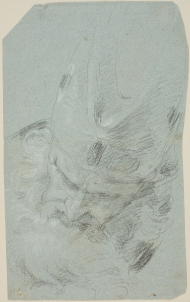 rysunek; głowa męska - ujęcie z przodu; Rysunek w układzie pionowym na karcie niebieskiego, prostokątnego papieru weneckiego o ściętym górnym lewym rogu i nieregularnie obciętym prawym boku. Szkic głowy starca o bujnej, falującej brodzie i długich włosach. Ma ostro zarysowany, szpiczasty nos i lekko uwydatnione, ściągnięte brwi. Dwurożna mitra zdobiona klejnotami, noszona m.in. przez arcykapłanów żydowskich, dość głęboko nasunięta jest na jego czoło. Starzec przekrzywiając głowę na bok patrzy w prawo. Głowa ukazana została na wprost, w skrócie perspektywicznym od góry. Szkic wykonany szybkimi, mocnymi szrafowaniami bez odrywania ręki od papieru. Biele kłądzione łukowatymi kreskami zaznaczają kontrast między oświetloną i zacienioną częścia twarzy.