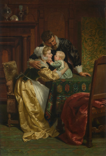 obraz - Ujęcie z przodu; Obraz przedstawia rodzinę z dzieckiem. Kobieta obejmująca dziecko ubrana w długą, żółtą suknię. Nad nimi pochylony mężczyzna w czarnym stroju z białą kryzą. U dołu, z lewej strony znajduje się sygnatura: Eugen Klimsch.