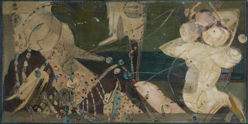 obraz - Ujęcie z przodu; Obraz Klejnoty Bałtyku, przedstawia zbiór abstrakcyjnych form na tle morza. Przewaga koloru kremowego na tle zieleni i granatu. Nieregularne rozłożenie w wiekszości niebieskich form na całym obrazie.