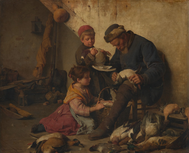 obraz - Ujęcie z przodu; W zarzuconym różnymi drobiazgami pomieszczeniu, wśród zabitego dzikiego ptactwa - grupa trzech osób: stary człowiek, zajęty skubaniem ptaka, siedząca u jego stóp dziewczynka, trzymająca kosz z pierzem i mały chłopczyk z kaczką w ramionach. U dołu, z lewej strony znajduje się sygnatura: Antonio Rotta | Venezia 1883.