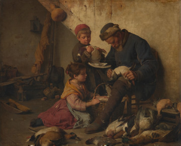 obraz - Ujęcie z przodu; W zarzuconym różnymi drobiazgami pomieszczeniu, wśród zabitego dzikiego ptactwa - grupa trzech osób: stary człowiek, zajęty skubaniem ptaka, siedząca u jego stóp dziewczynka, trzymająca kosz z pierzem i mały chłopczyk z kaczką w ramionach. U dołu, z lewej strony znajduje się sygnatura: Antonio Rotta | Venezia 1883.