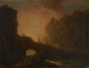 pejzaż - ujęcie z przodu; Wyróżniającym się elementem jest sylweta skalnego zbocza z półokrągło sklepionym prześwitem u dołu, przez który przepływa woda do małej zatoczki po prawej stronie u dołu. Na ukośnym grzbiecie opadającym w prawo postać człowieka jadącego na mule, kapliczka (figura z krzyżem), pod nią siedząca postać, na prawo idący wędrowiec z węzełkiem na plecach. Po prawej, pod wzniosłym zboczem pokrytym roślinnością płaszczyzny, na niej bydło, trzy krowy, koza zwrócona w prawo, przed nimi jeździec na koniu. U dołu obrazu po lewej postać siedzącej kobiety z dzieckiem na kolanach, obok niej siedzący odwrócony tyłem mężczyzna, nieco po lewej siedzący pies. Wzdłuż lewej krawędzi wyniosła sylwetka skały, bądź baszty. Koloryt: ciemne brązy, niebo w barwach zachodu-żółć przechodząca w tony złocisto-pomarańczowe.