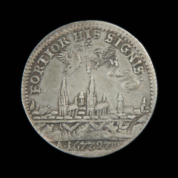 dwudukat odbitka w srebrze - Ujęcie rewersu. Moneta z panoramą Szczecina na rewersie