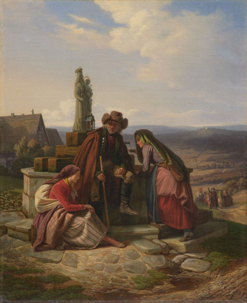 Obraz - Ujęcie z przodu; Obraz przedstawia scenę rodzajową z pielgrzymki maryjnej na tle pagórkowatego pejzażu. Na pierwszym planie ukazana grupa pielgrzymów w ludowych strojach rozmawiająca przy studzience z figurą Matki Boskiej z Dzieciątkiem. Młoda kobieta siedzi na kamiennym stopniu otaczającym studnię. Po lewej stronie niedaleko studni widoczna jest ryglowa zabudowa wsi. Starsza kobieta, która stojąc nabiera wody do naczynia oraz mężczyzna siedzący na cembrowinie studni kierują wzrok na współtowarzyszkę. W tle widoczna duża grupa pielgrzymkowa.