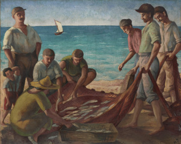 scena rodzajowa - ujęcie z przodu; Kompozycja figuralna przedstawiająca grupę postaci przy brzegu morza. Z brzegu obrazu skrzynka, za nią rozpostarta sieć z rybami. Nad siecią pochylają się trzy przykucnięte postacie: z brzegu kobieta w kapeluszu, mężczyzna w biało-niebieskiej koszuli z podwiniętymi rękawami i na tle morza mężczyzna w zielonej koszulce. Wszyscy troje wyjmują ryby z sieci. Po lewej stronie tuż przy bocznej krawędzi obrazu stoi mężczyzna a przy nim mały chłopiec. Po prawej stronie kompozycji dwaj stojący mężczyźni podtrzymujący sieci. Za nimi widoczna do połowy postać lekko pochylonej kobiety. Tłem sceny jest morze o spokojnej tafli z zaznaczeniem fal, z lewej w pewnej odległości od brzegu jacht z białym żaglem. Horyzont na wysokości 5/6 obrazu.