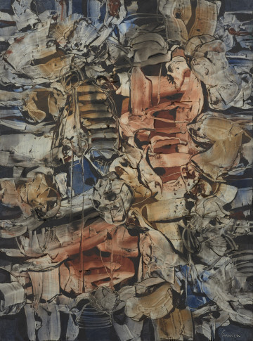 obraz - ujęcie z przodu; Kompozycja abstrakcyjna. Formy uzyskane zdejmowaniem mokrej farby swobodne, nieregularne w układzie, zróżnicowane od szerokich do konturowych. Koloryt od bieli, tonów niebieskich do akcentów żółci i ciepłego brązu.