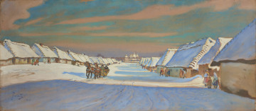 pejzaż zimowy - ujęcie z przodu; Obraz przedstawia szeroką perspektywę wiejskiej drogi obrzeżonej po obu stronach rzędem identycznych, niskich krytych strzechą chałup. Na linii horyzontu, pośrodku obrazu sylweta cerkwi z kopułami. Na drodze ku patrzącemu jadą sanie zaprzężone parą koni. Po prawej stronie, przy chałupach postacie ludzi. Koloryt: przewaga bieli i błękitu.