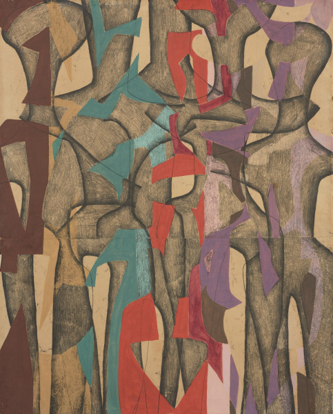 obraz - Ujęcie z przodu; Kompozycję wypełniają sylwety postaci nakładających się na siebie, okonturowanych czernią (monotypia). Na tym elementy płaszczyzn barwnych w pionowych ciągach: od lewej fiolet, czerwień, dalej wymiennie odcienie fioletu, różu, zgaszonego szarością brązu.