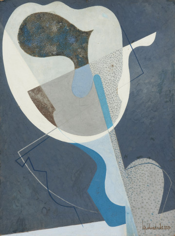 kompozycja abstrakcyjna - ujęcie z przodu; Na neutralnym ciemno-szaro-niebieskim tle formy w układzie diagonalnym od lewego do prawego dolnego naroża formy płaskie, nakładające się na siebie zróżnicowane kolorem i fakturą. W górnej części płaszczyzna jasna, zamknięta od dołu owalem, od góry konturem falistym; w nią wpisana płaszczyzna zróżnicowana fakturą, częściowo przesłonięta innymi formami. Dotykająca ją forma pionowa schodzi w dół stanowiąc oś dla form wybrzuszonych na zewnątrz. Koloryt: chłodny - biele, szarości, tony niebieskie.