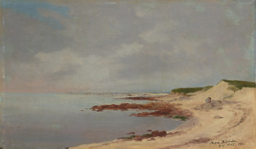 pejzaż morski - ujęcie z przodu; Fragment piaszczystego, wydmowego brzegu morskiego, wody oraz niebo. Brzeg morski zajmuje prawą połowę dolnej części obrazu. Horyzont na wysokości 1/3 od dolnej krawędzi. Koloryt jasnych błękitów z fragmentami bieli, zieleni i brązu.