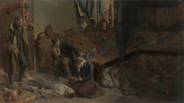 scena rodzajowa - ujęcie z przodu; Kompozycja realistyczna w układzie leżącego prostokąta, utrzymana w tonacji szaro-brunatnej, rozjaśnionej w lewej części obrazu. Na pierwszym planie, na lewo od osi kompozycji, postać martwego chłopca leżącego na płaszczu żołnierskim, rozłożonym na podłodze. U jego głowy klęcząca, rozpaczająca kobieta, w ciemnym stroju. Wzdłuż ścian pomieszczenia ustawiono drewniane prycze, na których, jak również na podłodze, śpiące pokotem postacie. Na krawędzi pryczy, obok rozpaczającej kobiety, siedzący mężczyzna podpierający głowę ręką, w której trzyma futrzaną czapkę. Przy lewej krawędzi obrazu postać mężczyzny w rozpiętym wojskowym płaszczu, za nim widoczny częściowo w uchylonych drzwiach żołnierz. W lewym dolnym rogu część nagiej nogi śpiącego na fragmentarycznie widocznej pryczy. Przy górnej krawędzi obrazu rozwieszone części garderoby.