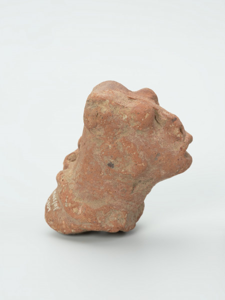 głowa - Ujęcie z boku z prawej; Gliniana głowa postaci ludzkiej o ceglastym kolorze i prostokątnej twarzy, która opiera się na masywnej szyi. Zachowało się lewe ramię, na którym wymodelowano charakterystyczną ozdobę w kształcie koła, od którego odchodzą promienie. Figurce zaznaczono rysy twarzy: wydatne, rozchylone usta, szeroki nos o okrągłych nozdrzach oraz wypukłe, okrągłe oczy, które przypominają dwie kulki gliny. Na głowie postaci zaznaczono dwa okrągłe zgrubienia (guzki), które prawdopodobnie przedstawiają fryzurę lub nakrycie głowy. Na powierzchni widoczne są rysy, mikropęknięcia oraz przetarcia.